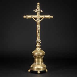 Crucifix Altar | Standing Cross | Brass Jesus Christ French Antique 1700s | 14 "