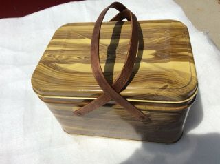 Vintage Tin Metal Picnic Basket W Wood Handles - Wood Grain Pattern