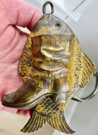 Antique Tin Fish & Boot Match Holder Shoe Fishing Copper Safe Painted Wall Mount