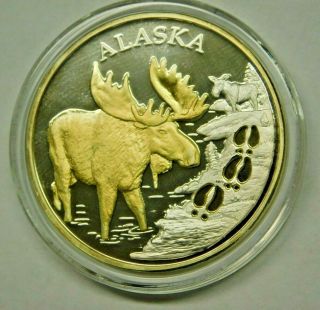 1 Oz.  999 Silver Alaska Moose Medallion With 24k Gold Plated Accents