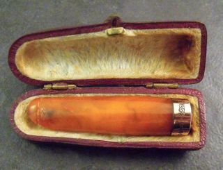 Antique Hallmarked 9ct Gold & Amber Cheroot Cigarette Small Cigar Holder & Case