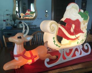 Grand Venture Large Christmas Blow Mold Santa Claus Sleigh & Reindeer Read