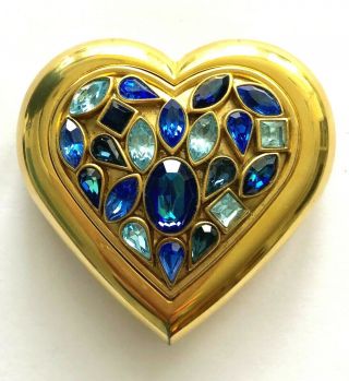 Vintage Jeweled Yves Saint Laurent Powder Compact Blue Rhinestones Signed Heart