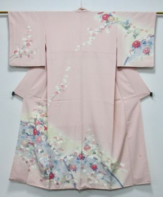 Japanese Silk Kimono / Handwork Yuzen / Flower & Birds / Silk Fabric /248