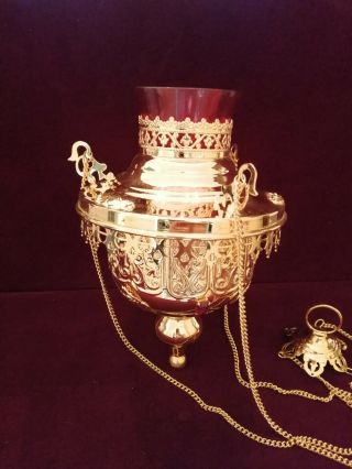 Greek Russian Orthodox Brass Hanging Oil Lamp Kandili Lampada Gold Plated