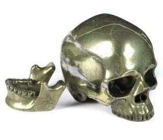 Huge 5.  0 " Pyrite Carved Crystal Detachable Skull,  Realistic,  Healing