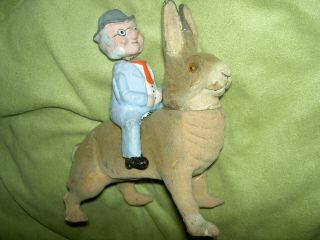 Wonderful Rare Antique,  " Foxy Grandpa ",  Char.  On Rabbit,  Nodder Candy Container