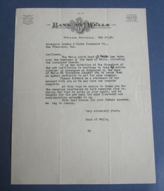 Old 1922 - Bank Of Wells - Letterhead Document - Wells Nevada