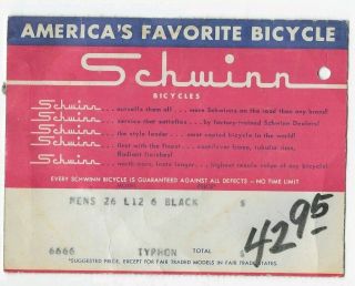 Vintage 1966 Schwinn Typhoon (black 26 ") Guarantee Card With Price