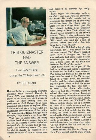 1964 Tv Article Robert Earle Ge College Bowl Host Ithaca College Media Professor