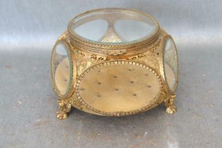 Antique French Filigree Tufted Jewelry Casket With Beveled Glass