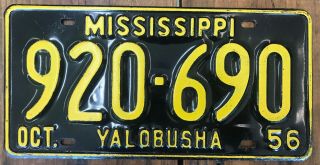 Antique Vintage 1956 Yalobusha County Mississippi Car Tag License Plate