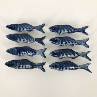 Porcelain Fish Chopstick Rests Holder Asian Japanese Blue White Koi Set Of 8