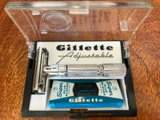 Nos Gillette 1959 " Fatboy " Adjustable Razor,  E2 With Orig Case Blades