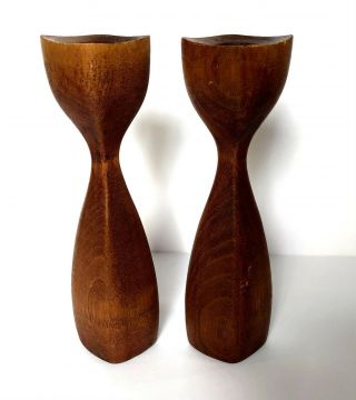 Vintage Teak Wood Danish Modern Candle Holders Sticks Mid - Century