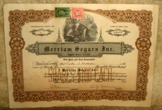 Second 1915 Merriam Segars Inc.  Stock Certificate Rare Cigar Document