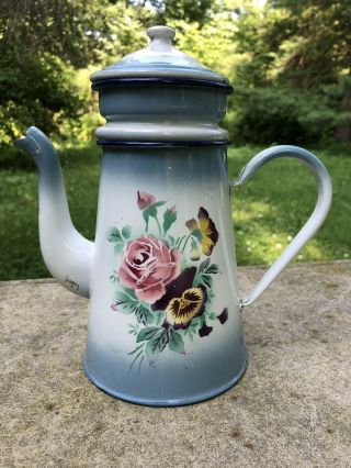 Antique Signed Japy French Enamel Biggin Coffee Pot - Complete