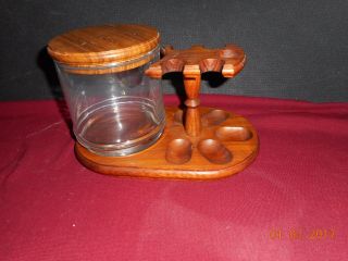 Vintage Wooden 5 Smoking Pipe Holder Glass Humidor Lid Wood