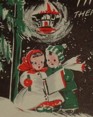 Vintage Christmas Card,  Adorable Girl And Boy Singing Under Lantern,  4 1/2 "