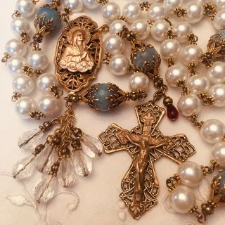 Catholic Rosary Pearls & Aquamarine 7 Sorrows Of Mary Bronze Handmade
