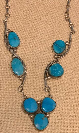 Glorious Navajo Seven Stone Morenci Turquoise Necklace Sterling Silver.  925 20 " L
