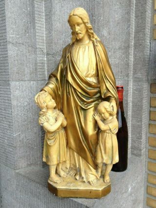 Huge Antique France Monastery Plaster Jesus Christ With Children Statue Figure