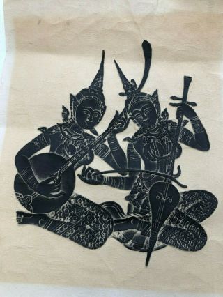 Thai Temple Rubbing Black On Rice Paper,  (2) Two Musicians Playing Angkor Wat 2