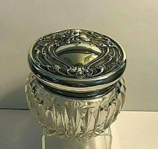 Antique Cut Crystal Glass Sterling Silver Maiden Art Nouveau Dresser Box Vanity 2