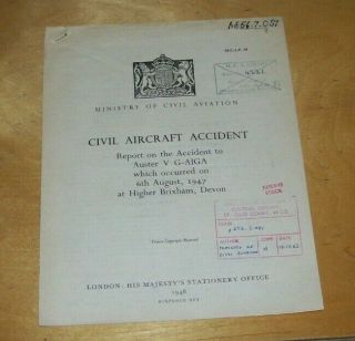 Auster V G - Aiga Accident Report Higher Brixham Devon 6th August 1947