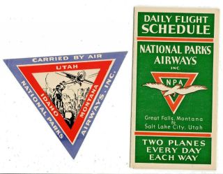 National Parks Airways Timetable Schedule Plus Baggage Label 1933 Idaho Utah Mt