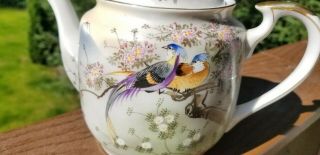Vintage Hayasi China Teapot Kutani Crane Bird Tree Fuji Hand Painted Gold Trim