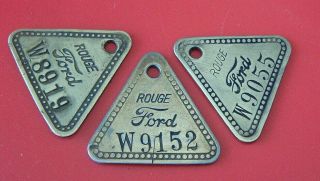 3 Factory Tool Check Brass Tags: Ford Rouge " W " Tool & Die Factory; All