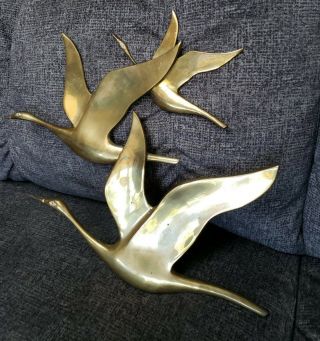 Vtg Mid Century Modern Danish Tri Flying Geese Swans Brass Wall Decor Sculpture
