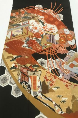 @@vintage/japanese Tomesode Kimono Silk Fabric/ Folding Fans,  Flower J575