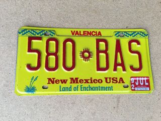 1990 Base Mexico License Plate - 580 Bas - Bass - Valencia County July 1992