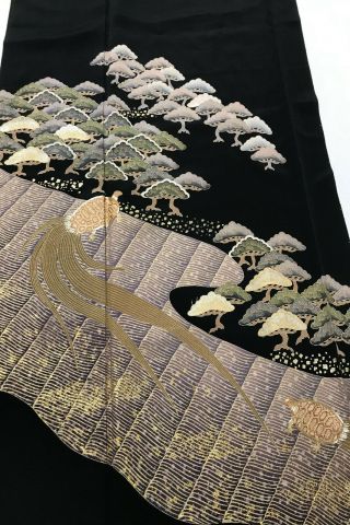 @@vintage/japanese Tomesode Kimono Silk Fabric/ Pine Trees,  2 Turtles B661