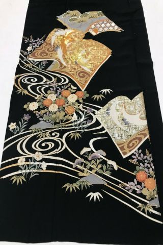 @@vintage/japanese Tomesode Kimono Silk Fabric/ Cranes,  Gold Embroidery B638