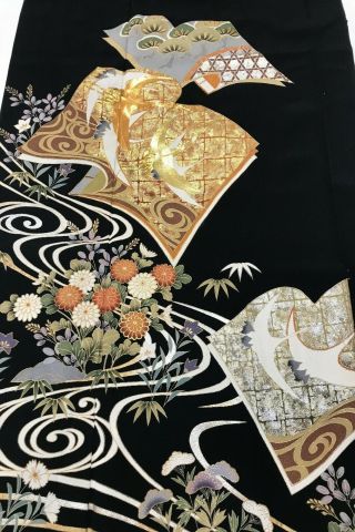 @@Vintage/Japanese tomesode kimono silk fabric/ cranes,  gold embroidery B638 4