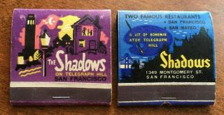 Two Different Feature Matchbooks The Shadows San Francisco,  Ca Telegraph Hill