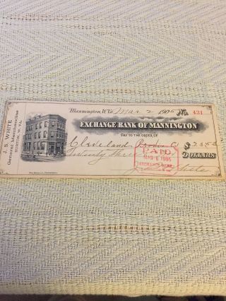 Mannington.  W.  Va 1905 Bank Check Exchange Bank Of Mannington W.  Va.  Rare