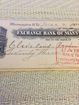 MANNINGTON.  W.  VA 1905 Bank Check Exchange Bank Of Mannington W.  VA.  Rare 3