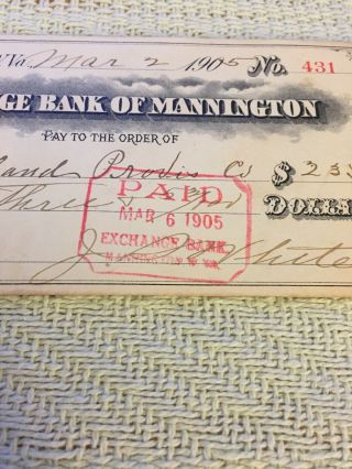 MANNINGTON.  W.  VA 1905 Bank Check Exchange Bank Of Mannington W.  VA.  Rare 4