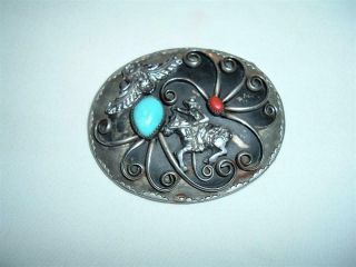 Vintage Handmade Turquoise And Silver Belt Buckle 3 " X 2 1/3 " Man On Horse Heavy