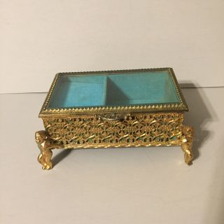 Vintage Gold Ormolu Cherub Legs Footed Glass Lid Trinket Jewelry Music Box