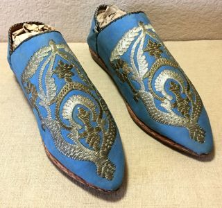 1940s Era Never Worn North African Slipper Shoes Embroidered With Silver Thread