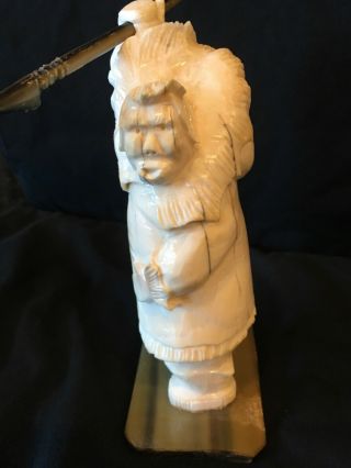 Signed " T.  Ekak " Hand Carved Alaskan Eskimo Hunter With Spear 5 1/2 " Tall