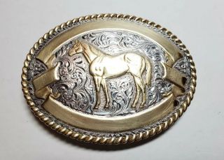 Vtg Western Silver & Brass Cowboy Belt Buckle With Horse 4 " X 3 "