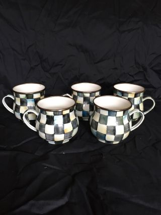 5 Mackenzie Childs Courtly Check Black And Ivory Squares Enamelware Cups Mugs