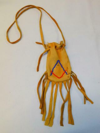 Antique Vintage Native American Beaded Leather Drawstring POUCH BAG Fringed 2