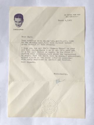 Signed Letter From Milbourne Christopher To Chet Karkut / Vintage Magic Ephemera